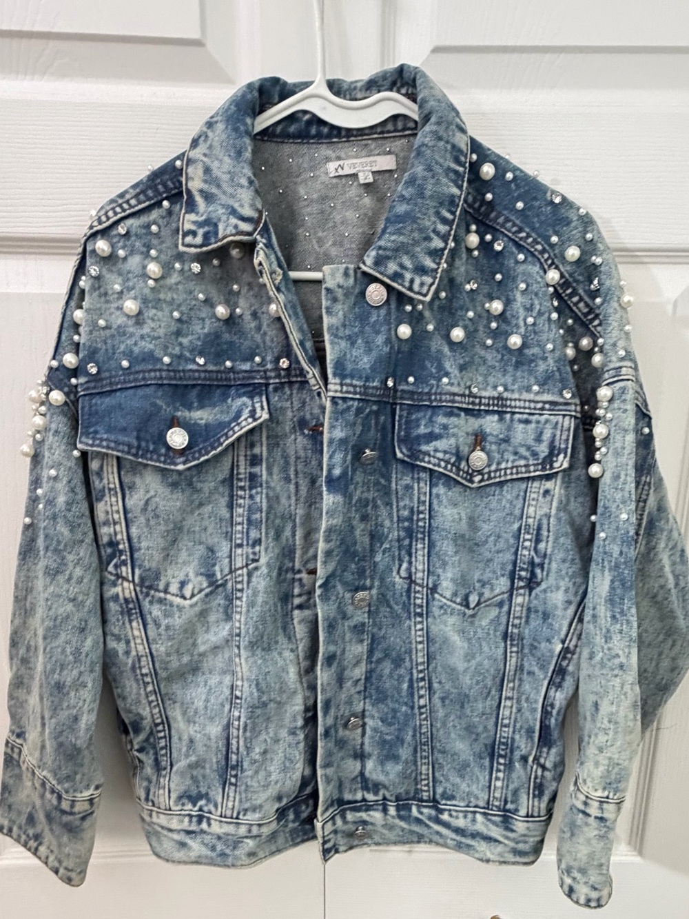 Veveret Pearl Rhinestone Embellished Acid Wash Denim Jacket Small Oversized Glam - Picture 10 of 11